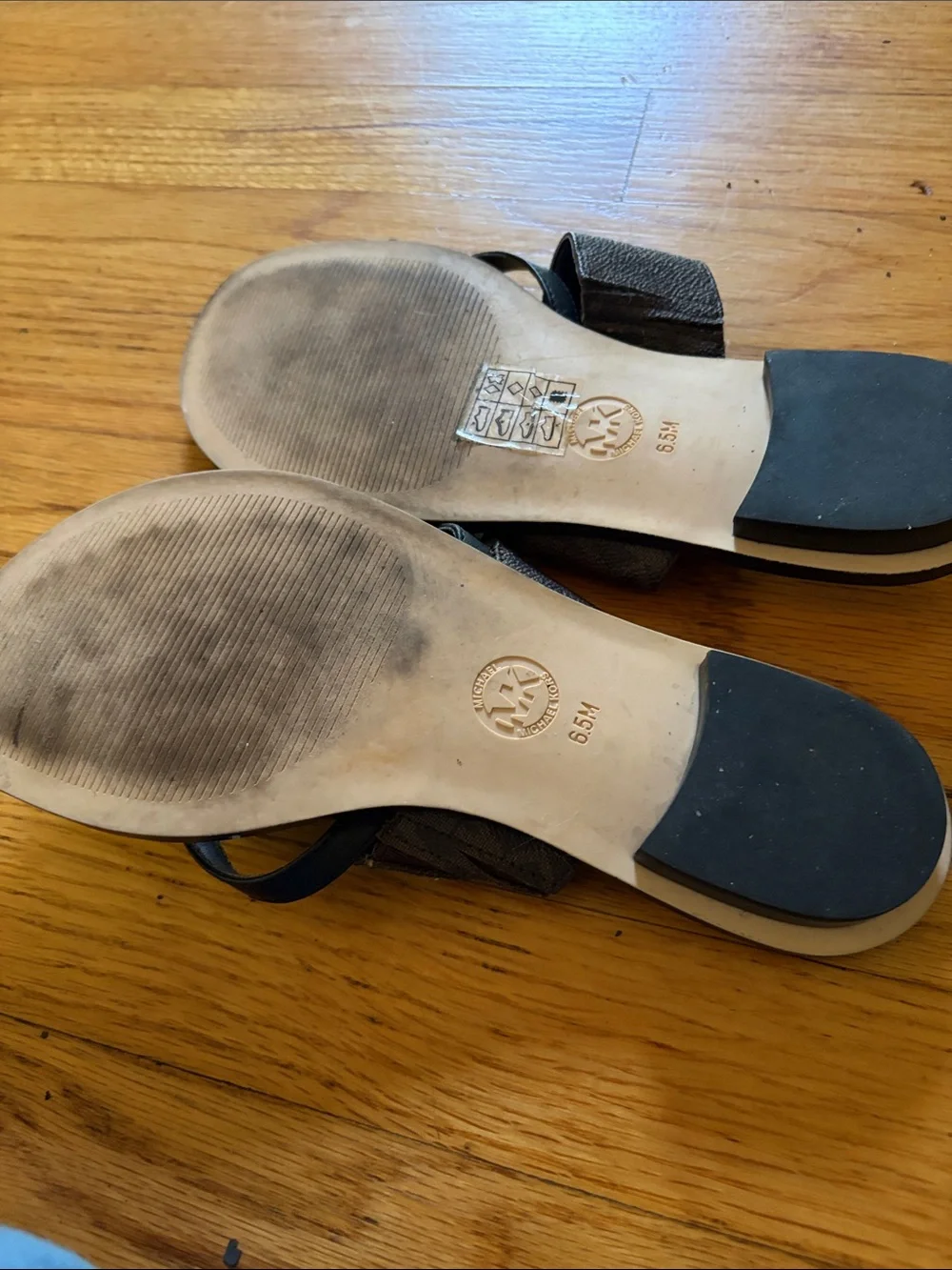 Michael Kors Black Footbed Brown Textured Strap Sandals with Gold MK Charm